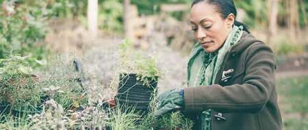 Woman tending plants in pots